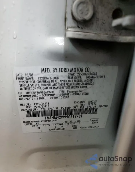 2009 Mercury Sable Premier from USA, damaged, VIN 1MEHM42W99G619781